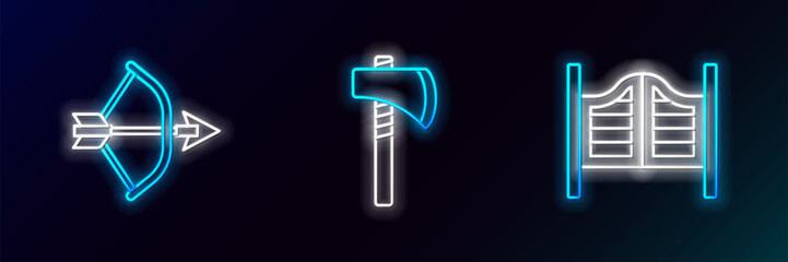 Set line Saloon door, Bow and arrow in quiver and Tomahawk axe icon. Glowing neon. Vector