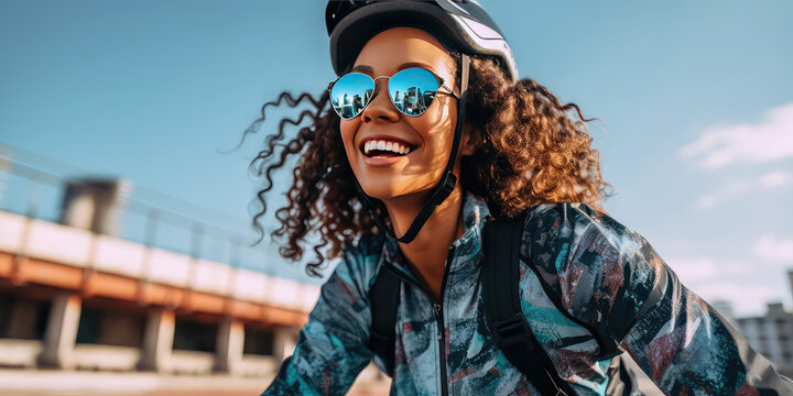 Portrait of a happy smiling young woman dressed in cycling clothes, safety helmet and sunglasses riding a bicycle, closeup. Active sport horizontal banner. 