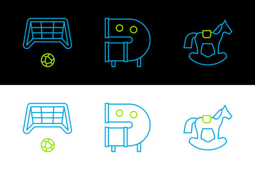 Set line Horse in saddle swing, Soccer goal with ball and Kid playground slide pipe icon. Vector