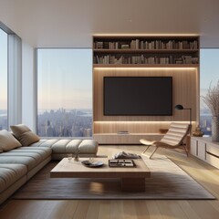 Minimalist interior design of modern living room with tv in New York