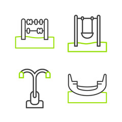 Set line Boat swing, Street light, Swing and Abacus icon. Vector