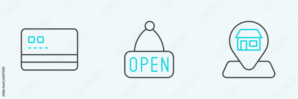 Canvas Prints Set line Location Market store, Credit card and Hanging sign with Open icon. Vector