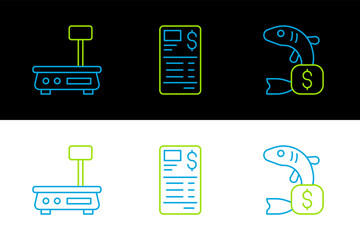 Set line Price tag for fish, Electronic scales and Paper financial check icon. Vector
