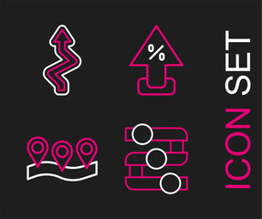 Set line Graph, chart, diagram, Location, Percent up arrow and Arrow icon. Vector