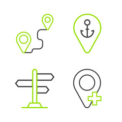 Set line Location, Road traffic sign, with anchor and Route location icon. Vector