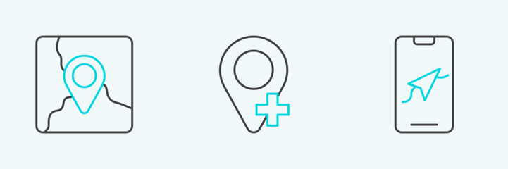 Set line City map navigation, Folded with location marker and Location icon. Vector