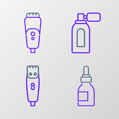 Set line Oil bottle, Hair clipper, Aftershave with atomizer and Electric razor blade icon. Vector