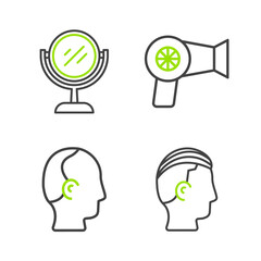 Set line Hairstyle for men, Baldness, dryer and Hand mirror icon. Vector