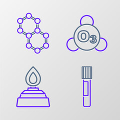 Set line Test tube, Alcohol or spirit burner, Ozone and Molecule icon. Vector