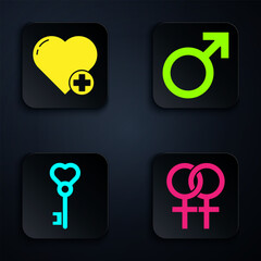 Set Female gender symbol, Heart, Key in heart shape and Male gender symbol. Black square button. Vector