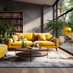 Modern interior design of apartment, living room with yellow sofa. Accent coffee table. Home interior with rug