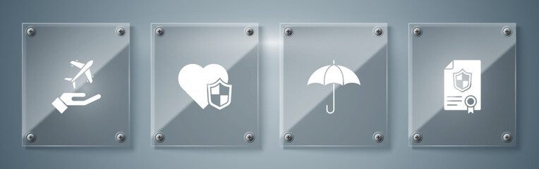 Set Contract with shield, Umbrella, Life insurance and Plane hand. Square glass panels. Vector