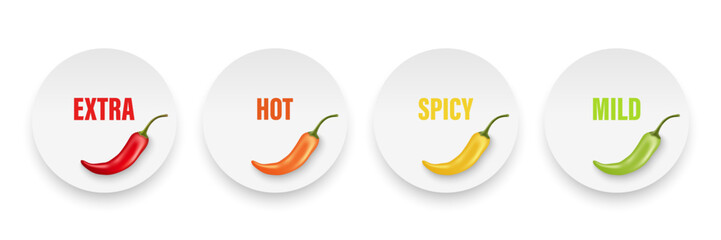 Realistic Vector Round Stickers with Spicy Chili Pepper Levels. Red, Orange, Yellow, Green Jalapeno Pepper Strength Scale Sticker Indicators with Mild, Spicy, Hot and Extra Positions