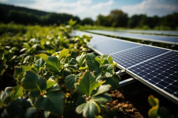Fototapeta premium Eco-Energy Oasis: Solar Panel Array Integrates Seamlessly with Nature