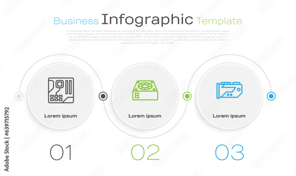 Sticker Set line Motherboard digital chip, Computer cooler and Video graphic card. Business infographic template. Vector