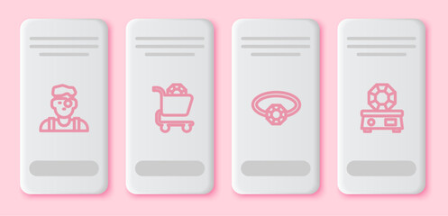 Set line Jeweler man, Jewelry online shopping, Diamond engagement ring and Gem stone. White rectangle button. Vector