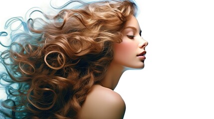 Fototapeta premium Whispers of Beauty: A radiant woman with cascading, golden curls, her eyes closed in serene bliss. The delicate tendrils of her hair dance in the air.