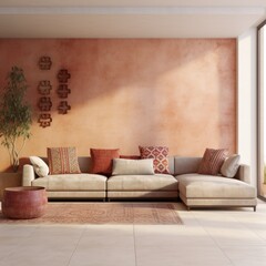 Modular corner sofa with terra cotta cushion near tiled stucco wall. Interior design of modern living room