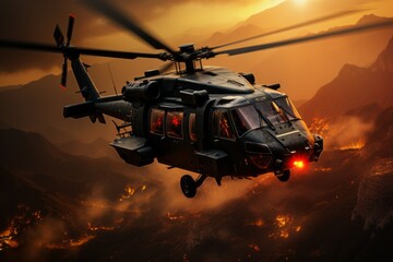 Fototapeta na wymiar Combat military helicopter. Powerful heavy equipment of landing troops or special forces. Background