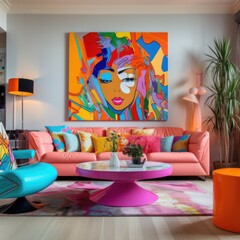 Original furniture in bright room. Quirky interior design of modern living room