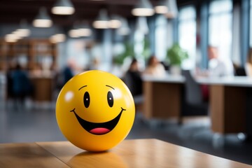 Smiling ball with positive emotion in the office. Background with selective focus and copy space - obrazy, fototapety, plakaty