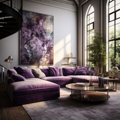 Purple sofa in room with high ceiling. Interior design of modern living room