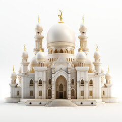 Fototapeta na wymiar 3D model of a small palace with Middle eastern architecture isolated on a white background. Applying architectural elements such as famous minarets and domes.