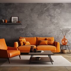  range sofa, gray armchair and stone coffee table against of beige wall. Interior design of modern living room
