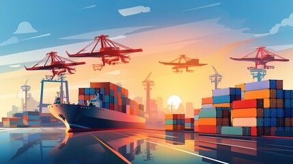 Sunrise Cargo Port: Drones and Cranes Orchestrate Efficient Shipping. A vibrant illustration depicting a bustling cargo port at sunrise.