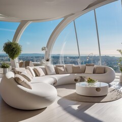 Obraz premium Round white sofa in penthouse with city view. Interior design of modern living room