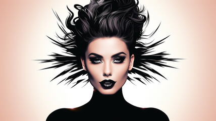 Fototapeta premium Barbershop logo, hair salon, girl with luxurious hair, cosmetology and hair health concept