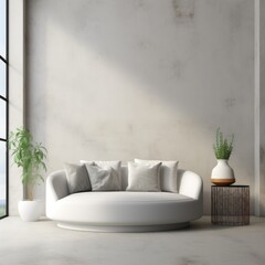 Round white textile sofa against stucco wall with copy space. Interior design of modern living room