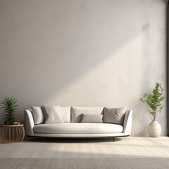 Round white textile sofa against stucco wall with copy space. Interior design of modern living room