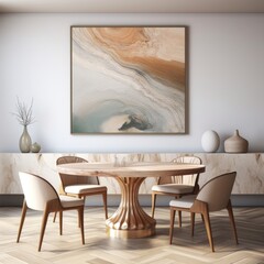 Round wooden dining table and beige chairs near marble wall. Art deco interior design of modern dining room
