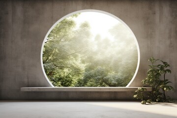 Scenic nature view embraced by circular window in contemporary concrete room.
