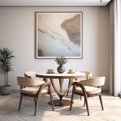 Round wooden dining table and beige chairs near marble wall. Art deco interior design of modern dining room
