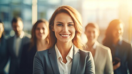 Obraz premium cheerful entrepreneur stands in front of a team with her arms folded.