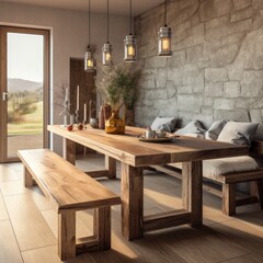 Fototapeta na wymiar Rustic dining table and wooden bench. Interior design of modern dining room in country house