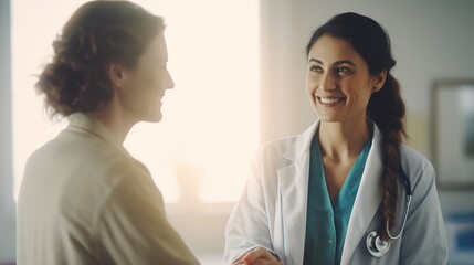 Female doctor talking to patient at hospital - obrazy, fototapety, plakaty