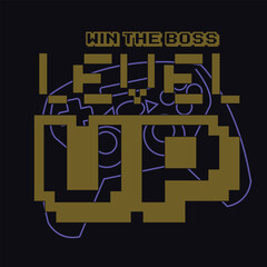 Typographic vector illustration of computer game theme for t shirt graphics. pixelated design