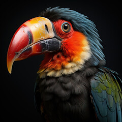 close up of a toucan on black
