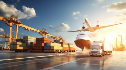 Logistics and transportation of a container cargo ship and a cargo plane with a working crane bridge in a shipyard at daybreak, background in the logistics, import/export. generative ai