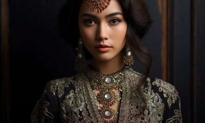 A stunningly elegant and graceful Indonesian woman adorned with a magnificent long dress and decked out in beautiful beaded jewelry. Her soft eyes are highlighted by her youthful complexion
