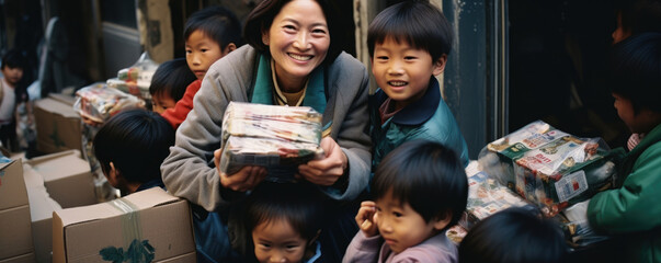 A middleaged Asian woman deep in thought surrounded by donated medical supplies and a group of smiling children. Her unselfish act of generosity quietly radiates a them.