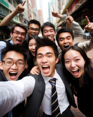 An energetic group of young Asian professionals gather for a group photo in the middle of a bustling street. They take turns brushing each other off and clapping each others shoulders
