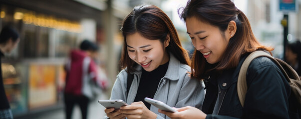 A close up of two Asian women one slightly older than the other carefully scrolling through a complex spreadsheet on dual smartphones. They appear to be comparing data as they easily