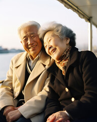 An elderly Chinese couple laugh and hold hands aboard a ferry boat. The afternoon sunlight sparkles off the gently rolling waves and a sense of peace and joy washes over the scene.