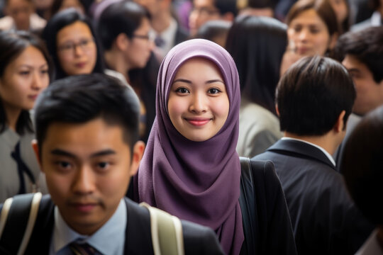 A Malaysian businesswoman pushing her way through the thick crowd to reach her next big meeting excitement radiating from her countenance as she looks forward to what the future of