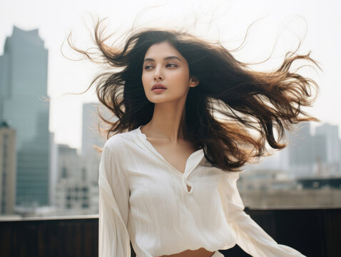 A Thai woman poses in the middle of a cityscape the wind gently playing with her dark hair. She wears a classic white blouse that stands out against the backdrop of tall buildings.