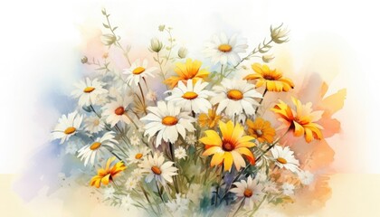 Beautiful hand painted watercolor illustration of daisies, pastel colors.